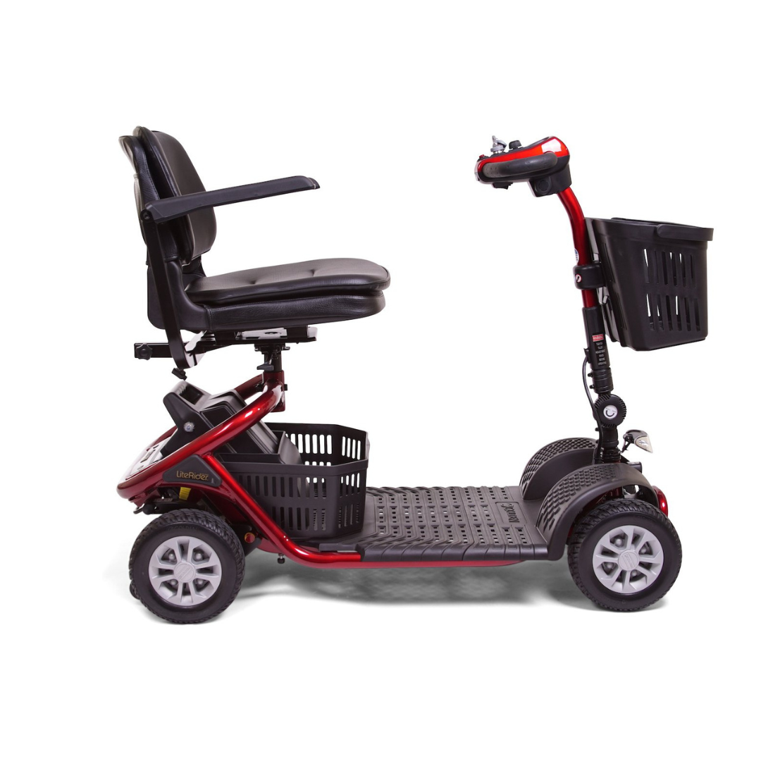 The Golden Tech GL141 LiteRider 4-Wheel Mobility Scooter offers a red finish, Delta Tiller, wireless disassembly, padded seat with armrests, handlebar controls, four wheels for stability, front basket, and footrest platform for easy mobility.